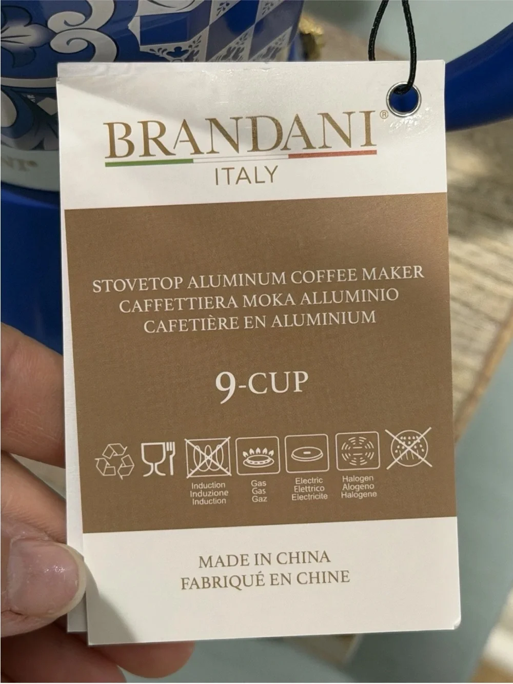 Brandani Italian Coffee Maker Moka Pot Blue Aluminum 9 Cup NEW
